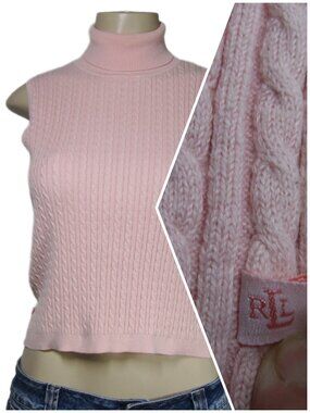 VTG Lauren Ralph Lauren Cable Knit Turtleneck Shell Top Pink Quiet Luxury P S